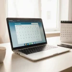 Laptop displaying scheduling tool on modern desk with natural light illuminating coffee and plant boosting productivity