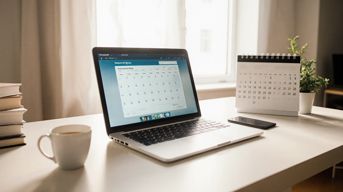 Laptop displaying scheduling tool on modern desk with natural light illuminating coffee and plant boosting productivity