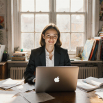 Creative modern woman typing on laptop with natural light and art supplies near desk