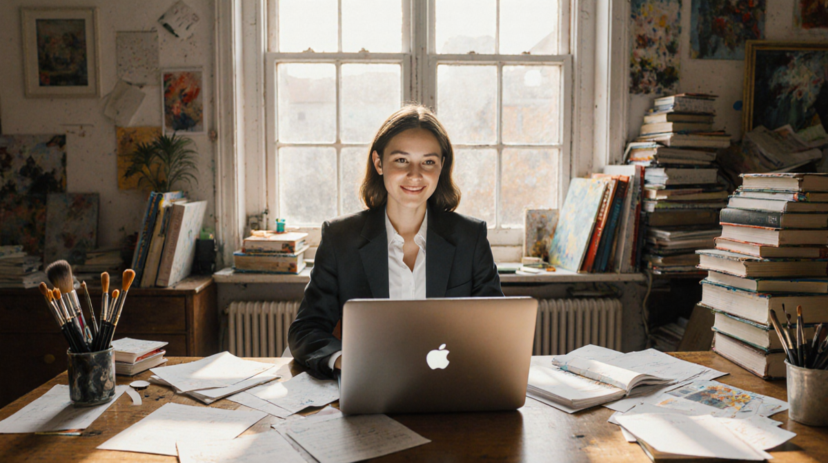 Creative modern woman typing on laptop with natural light and art supplies near desk