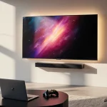 Sleek LG TV glowing with warm light on wall in living room with laptop smartwatch and gaming controllers on coffee table.