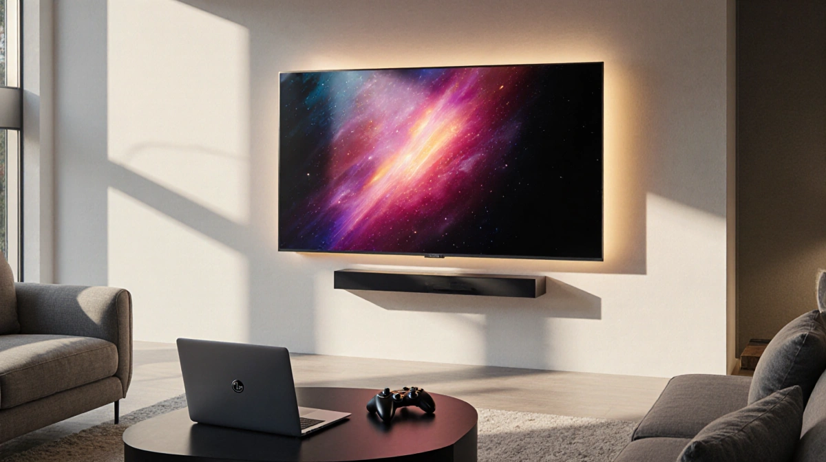 Sleek LG TV glowing with warm light on wall in living room with laptop smartwatch and gaming controllers on coffee table.