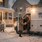 Person steps out of snow‑covered house towards Moffitt Services help truck with hot water in hand winter storm outside