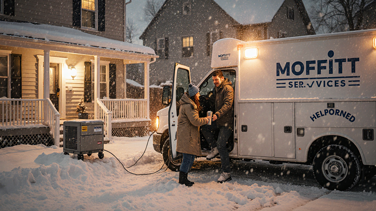 Person steps out of snow‑covered house towards Moffitt Services help truck with hot water in hand winter storm outside