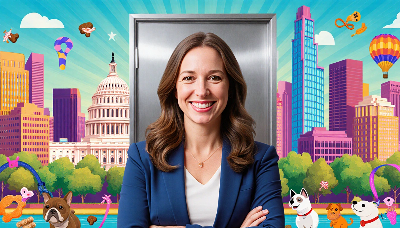 Monica Dangler standing confidently with the Texas State Capitol in Austin behind her and colorful pet toys radiating joy