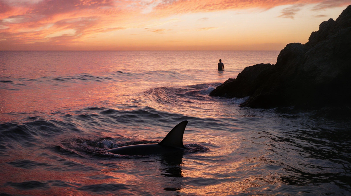 Shark glides beneath water with fins slicing calm waves and a fiery sunset over Monterey Bay