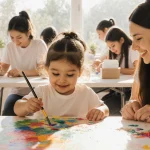 Child painting on mural with mother guiding and volunteers at community table