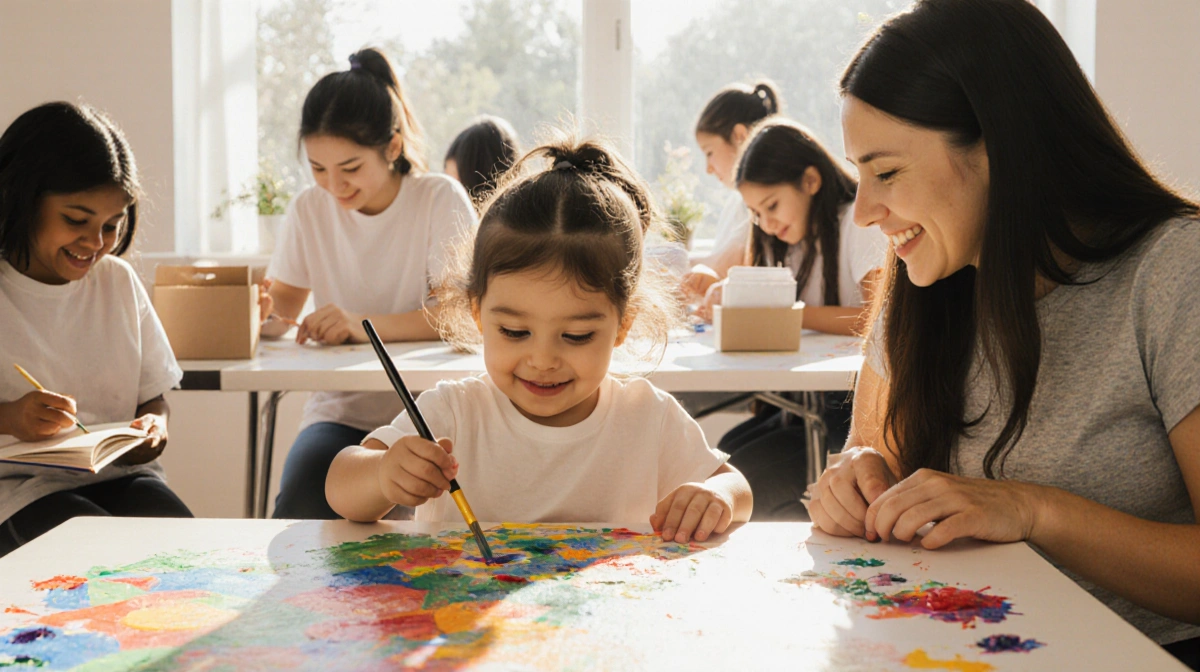 Child painting on mural with mother guiding and volunteers at community table