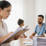 Concerned mother holds clipboard and looks at provider beside a frozen bank account on screen with stack of paperwork.