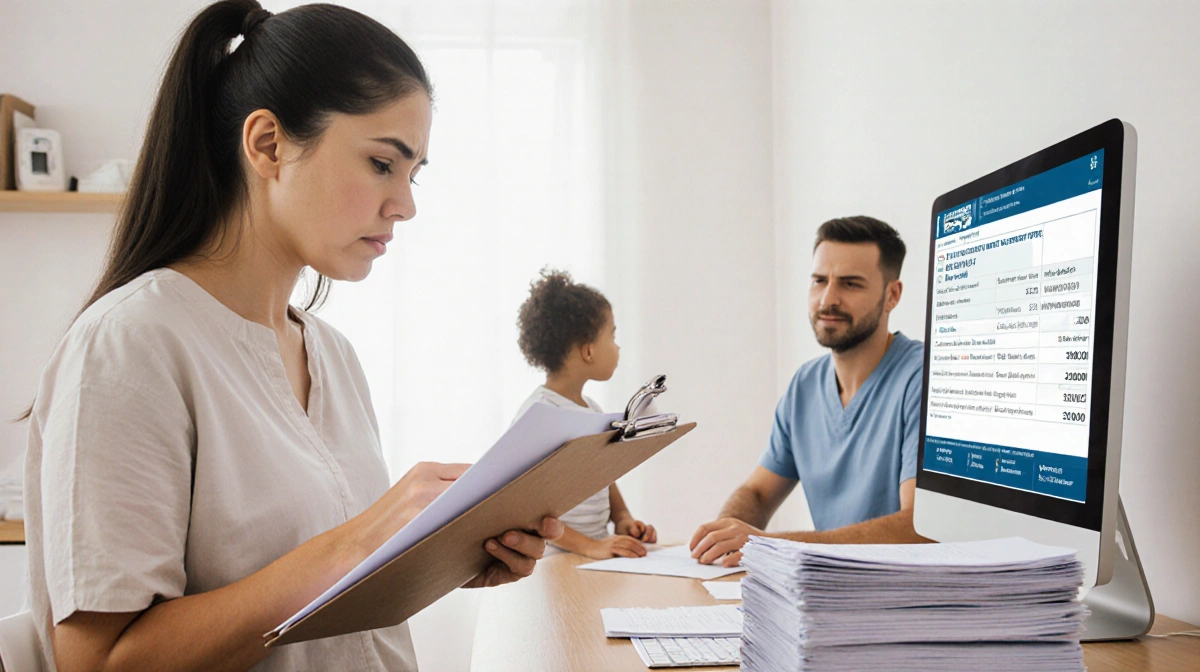 Concerned mother holds clipboard and looks at provider beside a frozen bank account on screen with stack of paperwork.