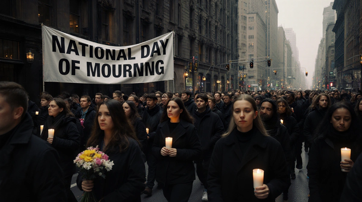 Hundreds of mourners march silently down a city street with candlelight and a banner reading National Day of Mourning.
