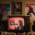 Vintage TV screen showing grainy crimson Evil Dead II image with warm golden lighting and scattered popcorn in cozy room.