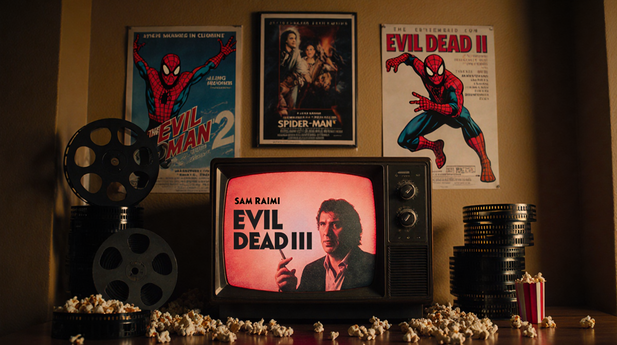 Vintage TV screen showing grainy crimson Evil Dead II image with warm golden lighting and scattered popcorn in cozy room.