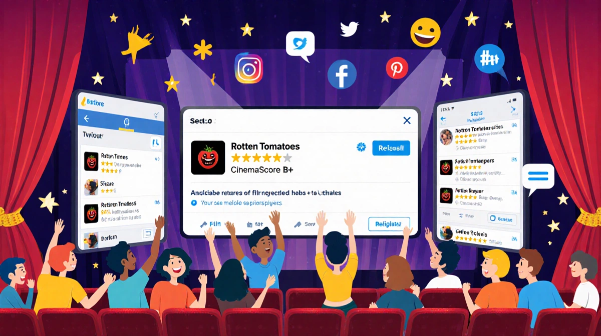 Movie theater audience cheering with Rotten Tomatoes 82% score and CinemaScore B+ reviews on screen