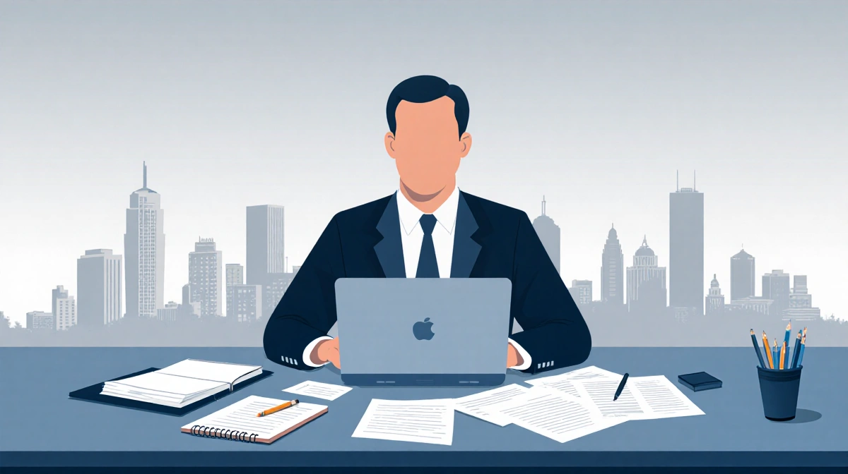 Dr. Brian Gardner drafting guidelines with laptop and papers and pens municipal office while city skyline blends in backgroun