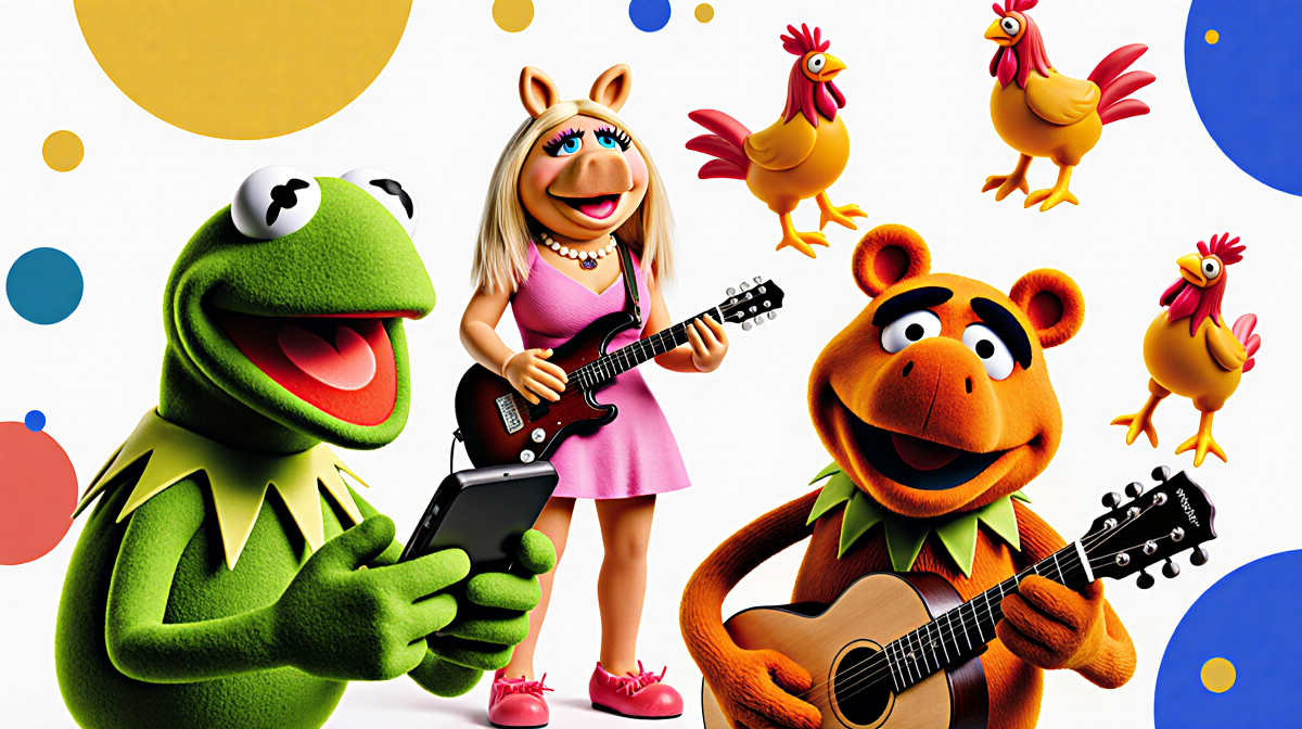 Kermit holding a smartphone with a surprised expression and Miss Piggy playing a guitar in the background