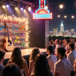 Crowd cheering at music festival with stage lights guitar and music notes backdrop and Austin skyline