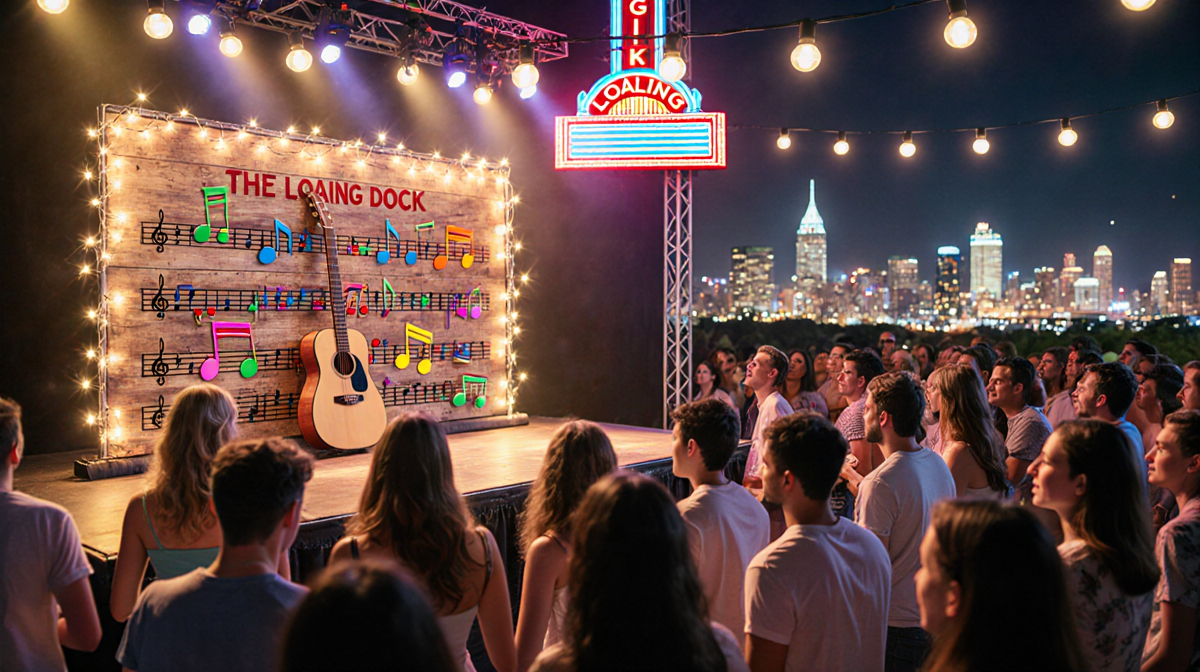 Crowd cheering at music festival with stage lights guitar and music notes backdrop and Austin skyline