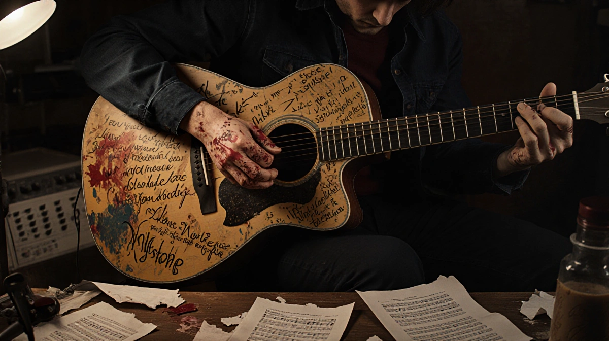 Barnes playing guitar with paint-stained hands and hand-drawn lyrics around him in a dim studio