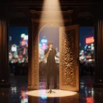 Musician sings into microphone with ornate carved door and neon city lights behind