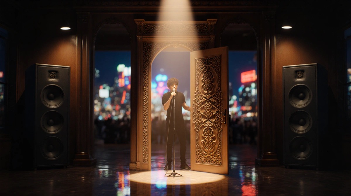 Musician sings into microphone with ornate carved door and neon city lights behind