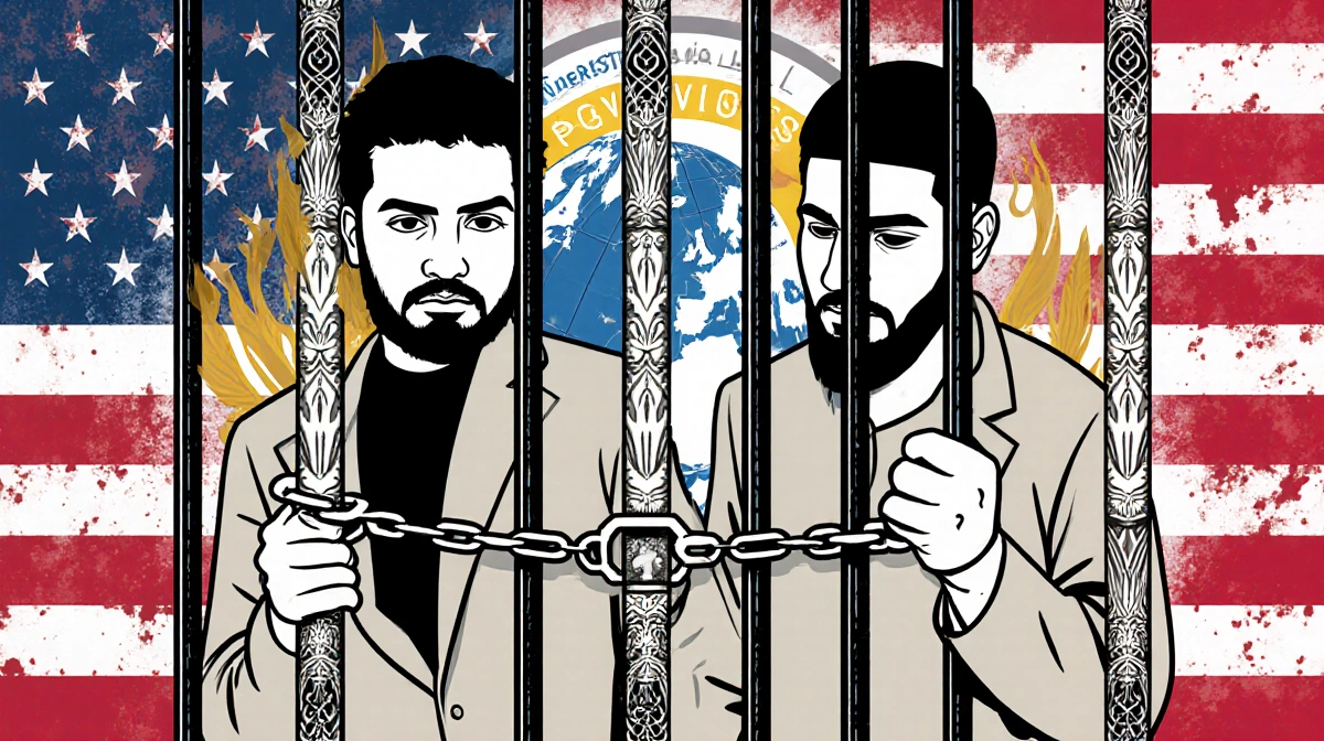 Two Muslim activists Khalid and Imam are detained with prison bars patterned after the UAPA and a faint globe behind them.