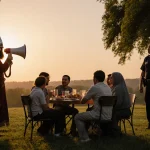 Muslim families chatting around a potluck table with sunset glow at Walnut Creek Park while a Crusader costume shadows group