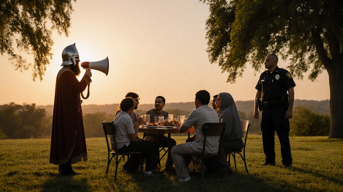 Muslim families chatting around a potluck table with sunset glow at Walnut Creek Park while a Crusader costume shadows group