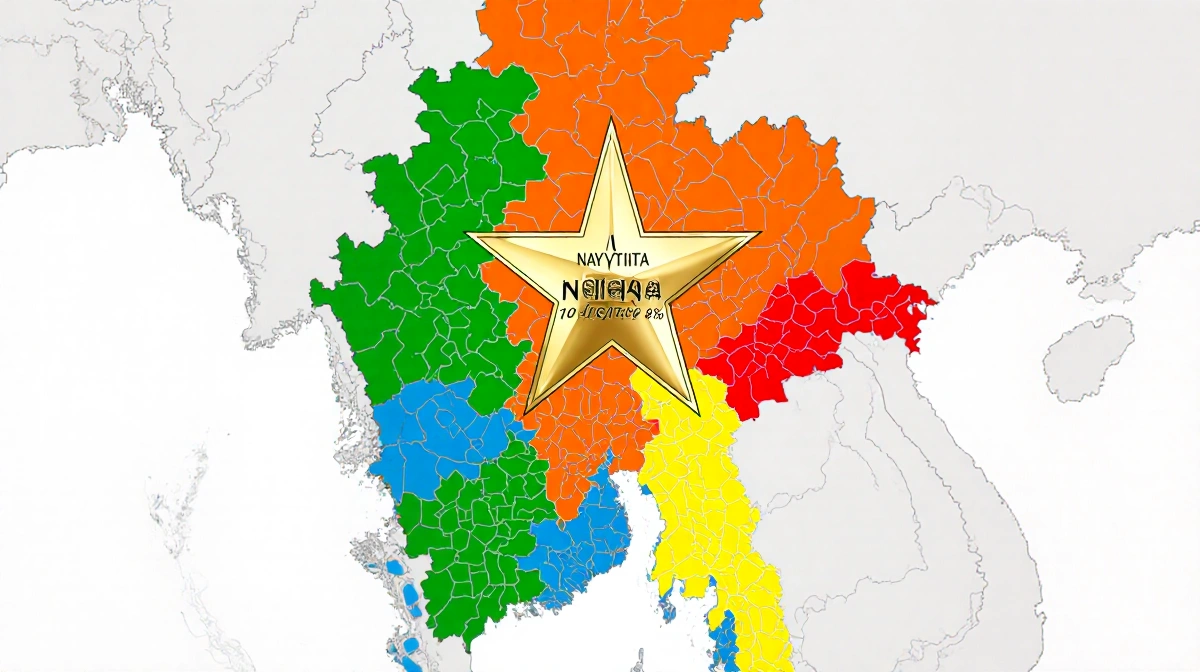 Myanmar election map shows USDP holding 88 of 102 seats with a golden Naypyitaw symbol at the center.