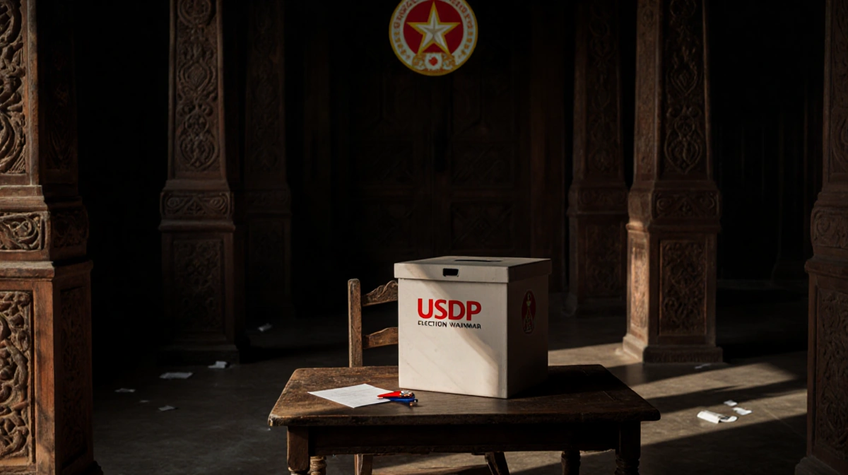Worn chair holding slightly ajar ballot box with USDP logo in background and soft warm lighting casting long shadows.