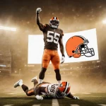 Myles Garrett standing over fallen Joe Burrow with arm raised and stadium lights glowing with Cleveland Browns logo on jumbot