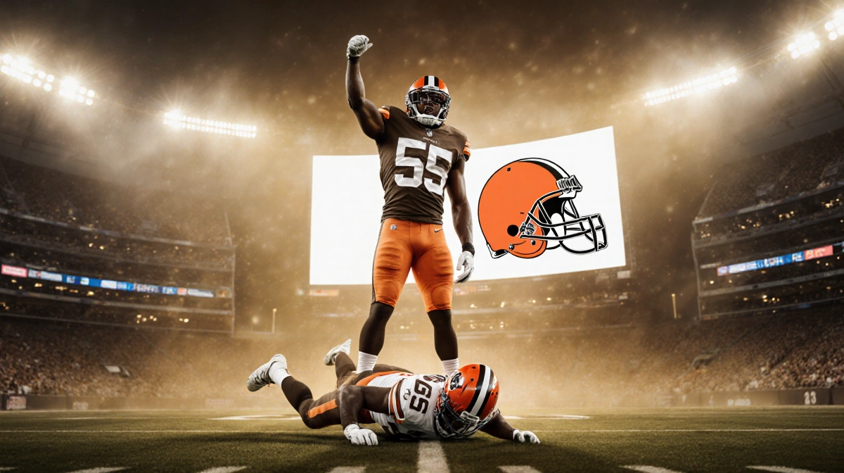 Myles Garrett standing over fallen Joe Burrow with arm raised and stadium lights glowing with Cleveland Browns logo on jumbot