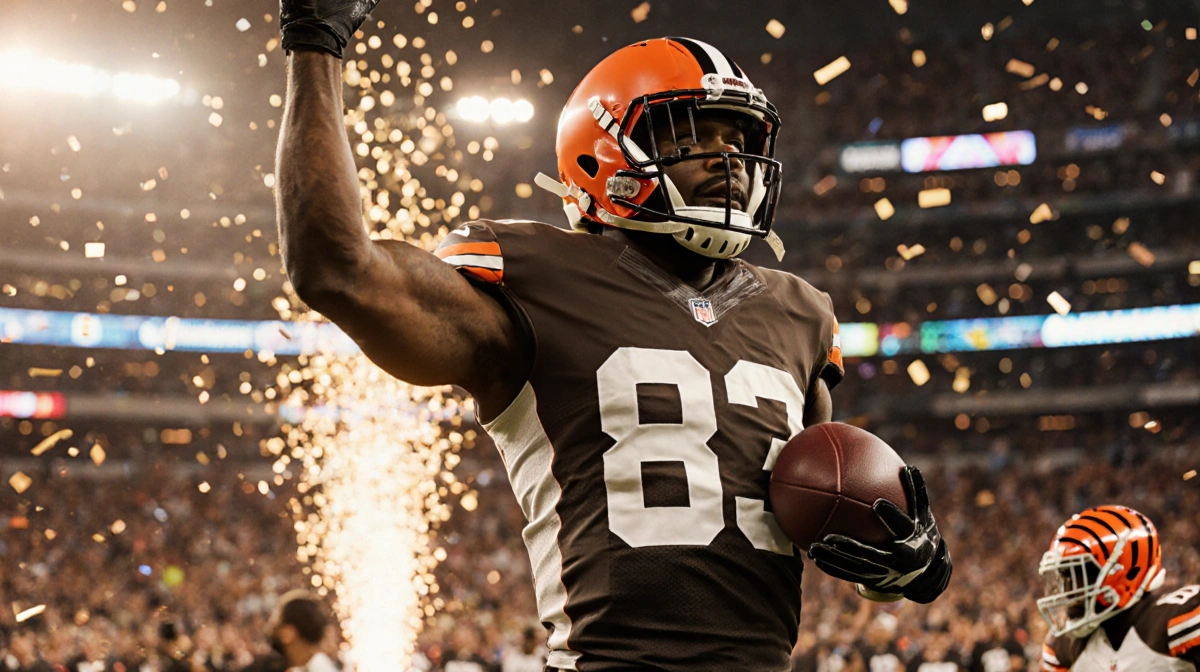 Myles Garrett pounces on Bengals quarterback with ball flying out while confetti explodes around him.
