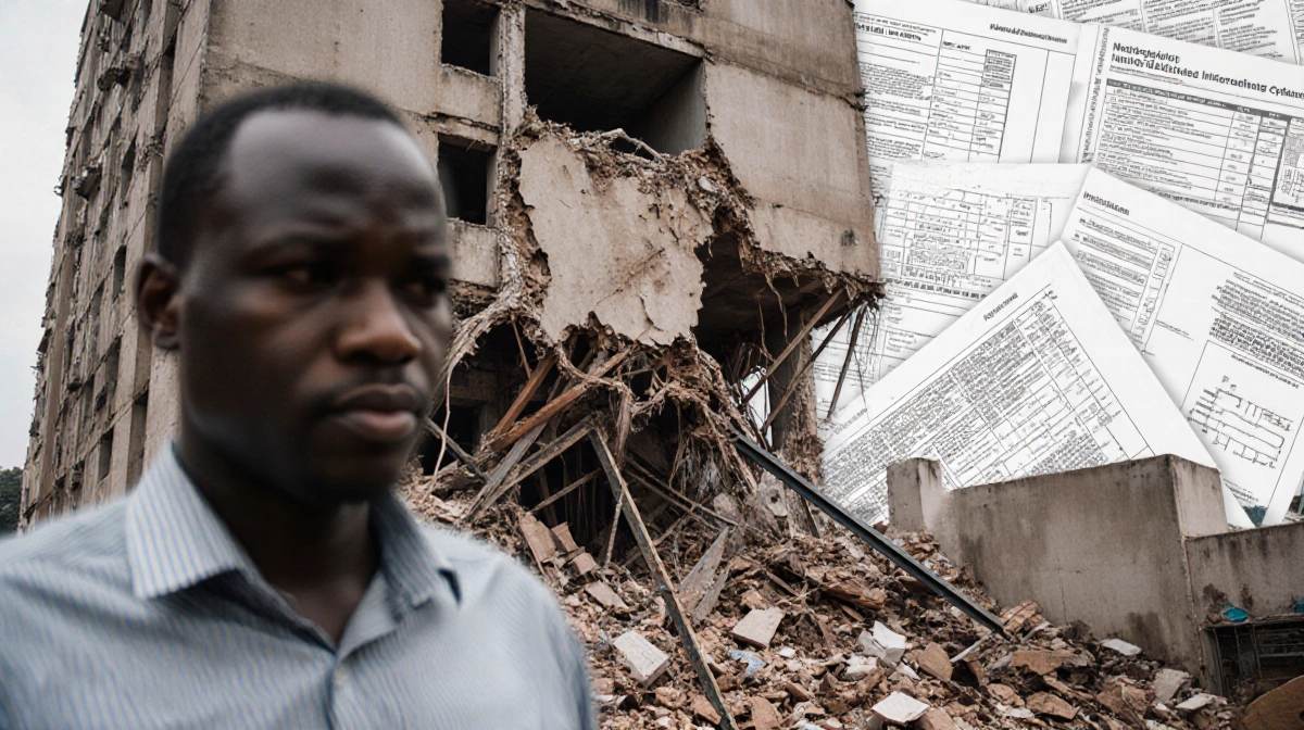 Collapsed building showing facade with exposed steel beams and rubble, figure and blueprint overlay regulatory failure.