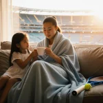 Naomi Osaka sits on couch with blue blanket and warm tea and daughter holding her hand and tennis racket beside her and light