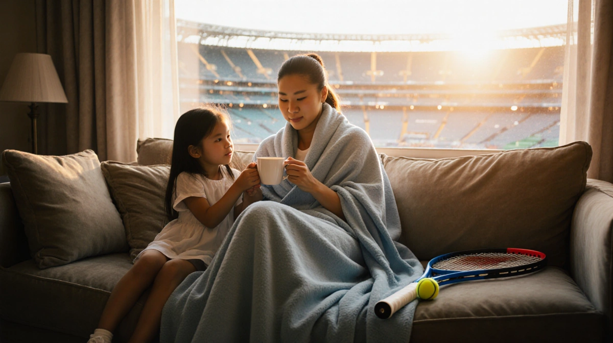 Naomi Osaka sits on couch with blue blanket and warm tea and daughter holding her hand and tennis racket beside her and light