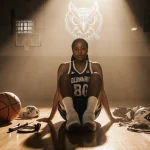 Napheesa Collier sits on dim court with bandaged ankles and basketball gear golden light illuminating her after injury surger
