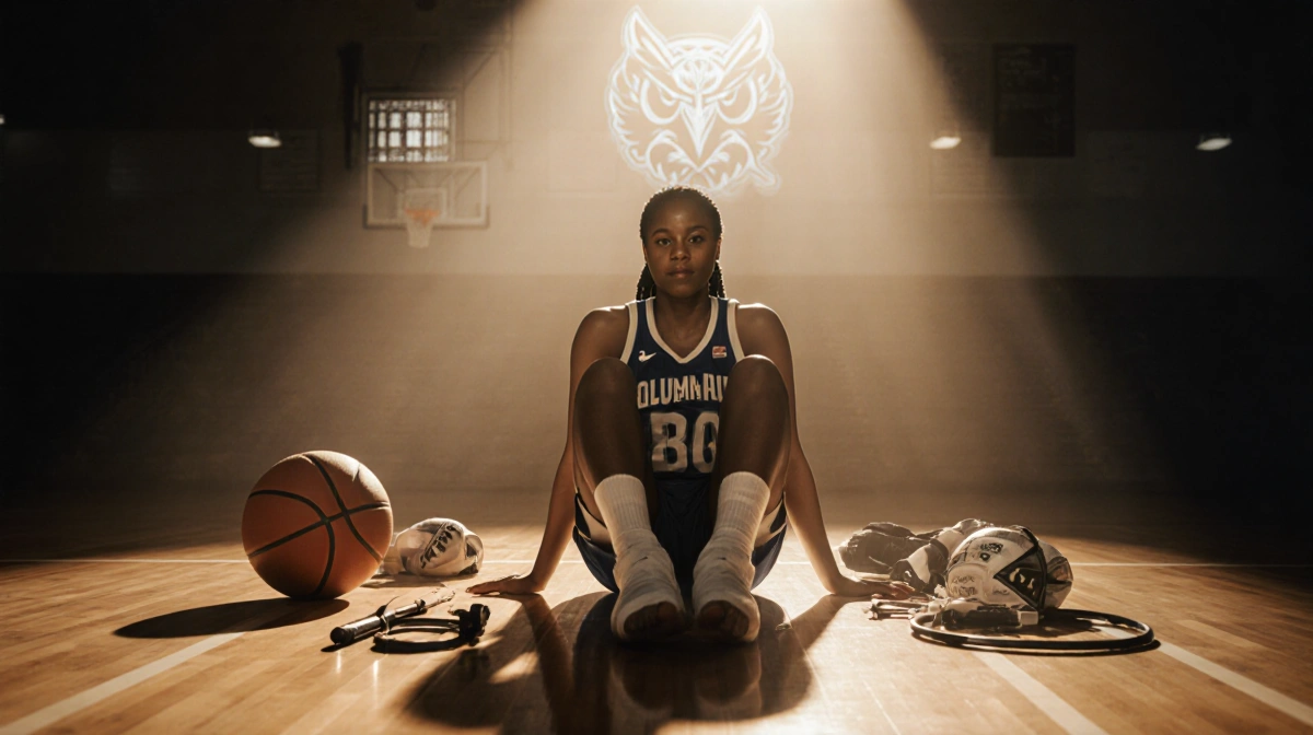 Napheesa Collier sits on dim court with bandaged ankles and basketball gear golden light illuminating her after injury surger