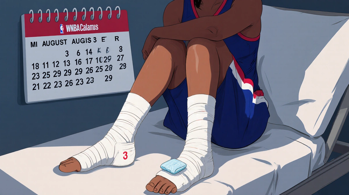 Napheesa Collier sits on a medical table with both ankles bandaged, ice pack and gauze pad, background shows WNBA logo and ca