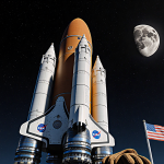 NASA SLS rocket launches toward starry night sky with moon visible and space suit gloves and flag in foreground