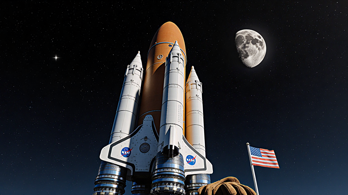 NASA SLS rocket launches toward starry night sky with moon visible and space suit gloves and flag in foreground