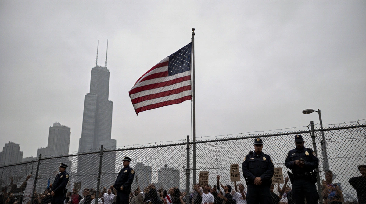 American flag rises with chain-link fence and police guard near Chicago skyline with protesters chanting.