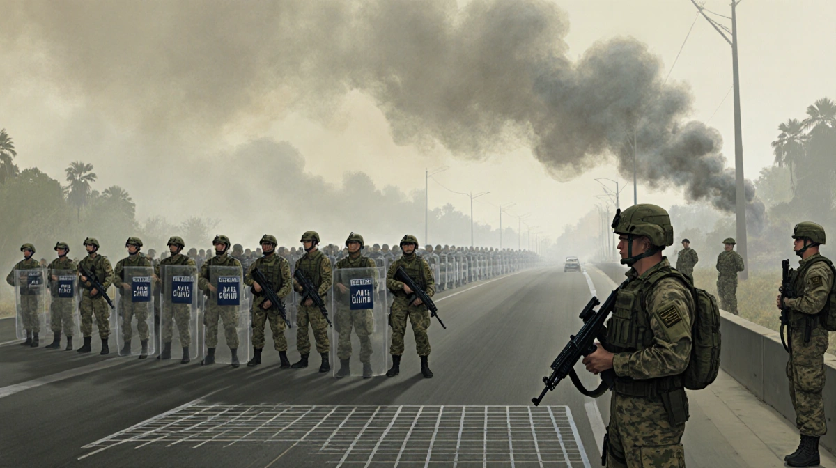 National Guard troops standing shoulder-to-shoulder with rifles on a smoky Los Angeles highway grid.