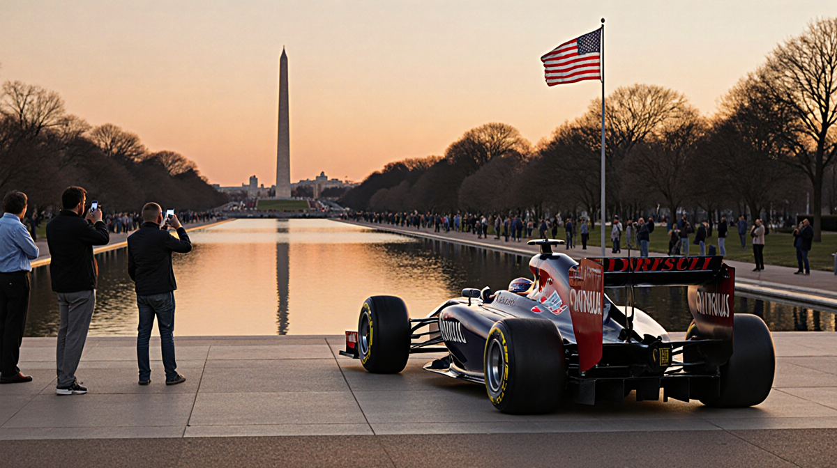 Sleek Formula 1 car parked with sunset orange sky and spectators looking at phones.