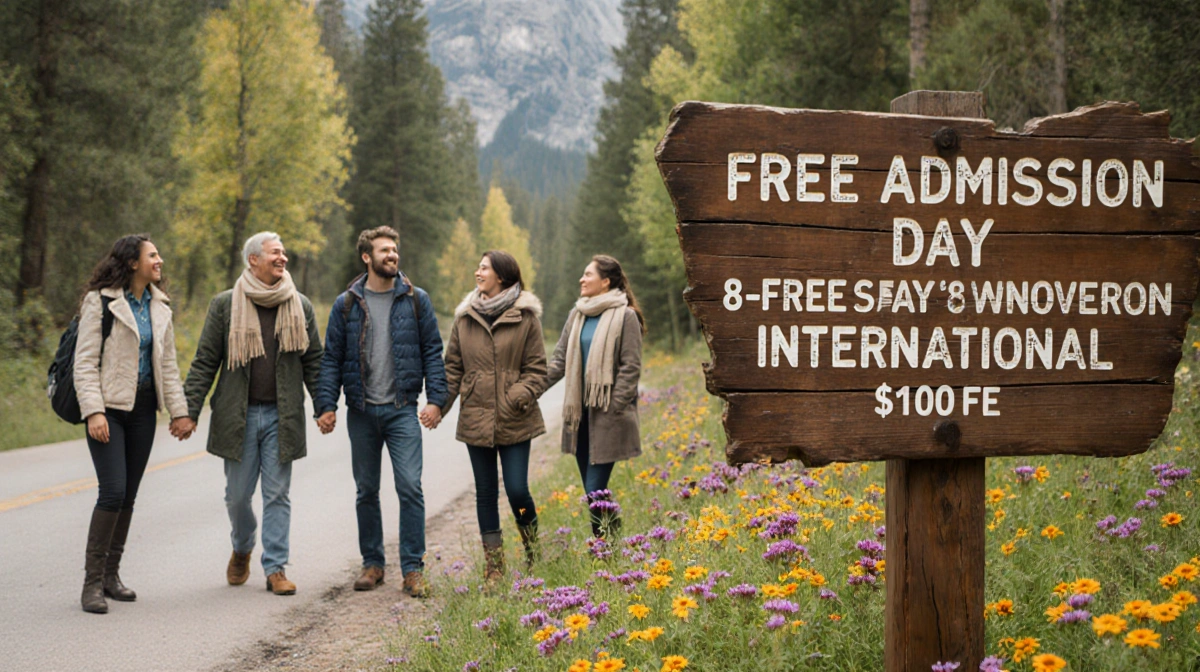 U.S. residents hold hands near a vintage sign that says Free Admission Day with national park scenery and visitors bundled up