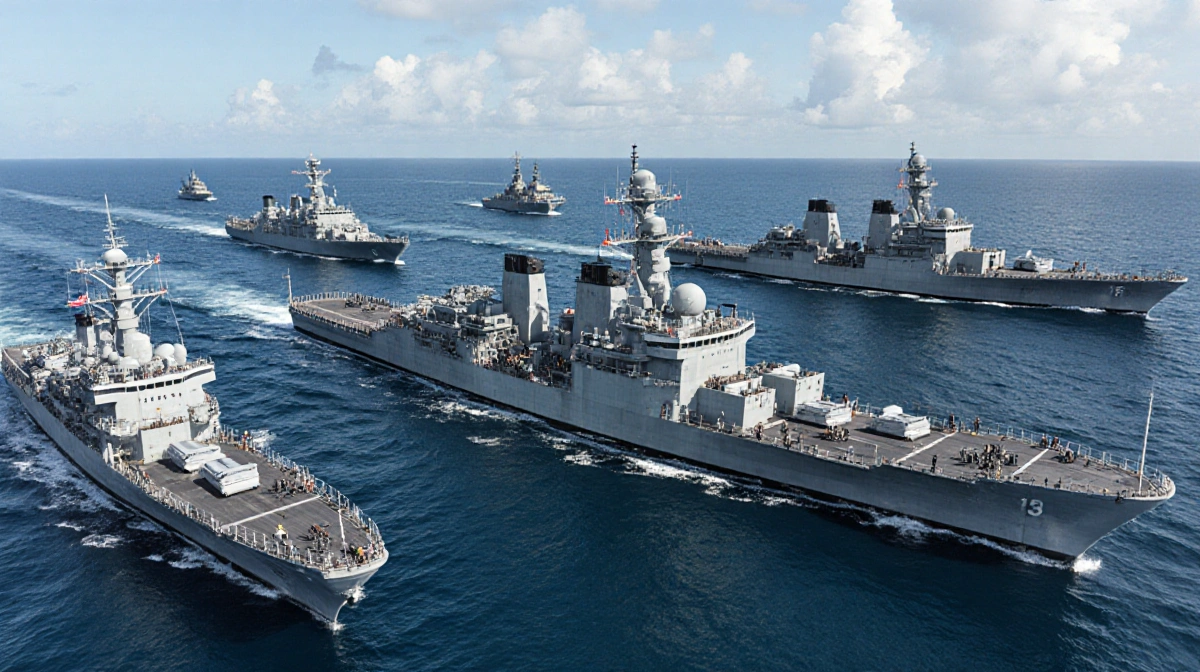 Naval fleet anchors with destroyers and assault ships missile-armed submarine while sailors train in combat.