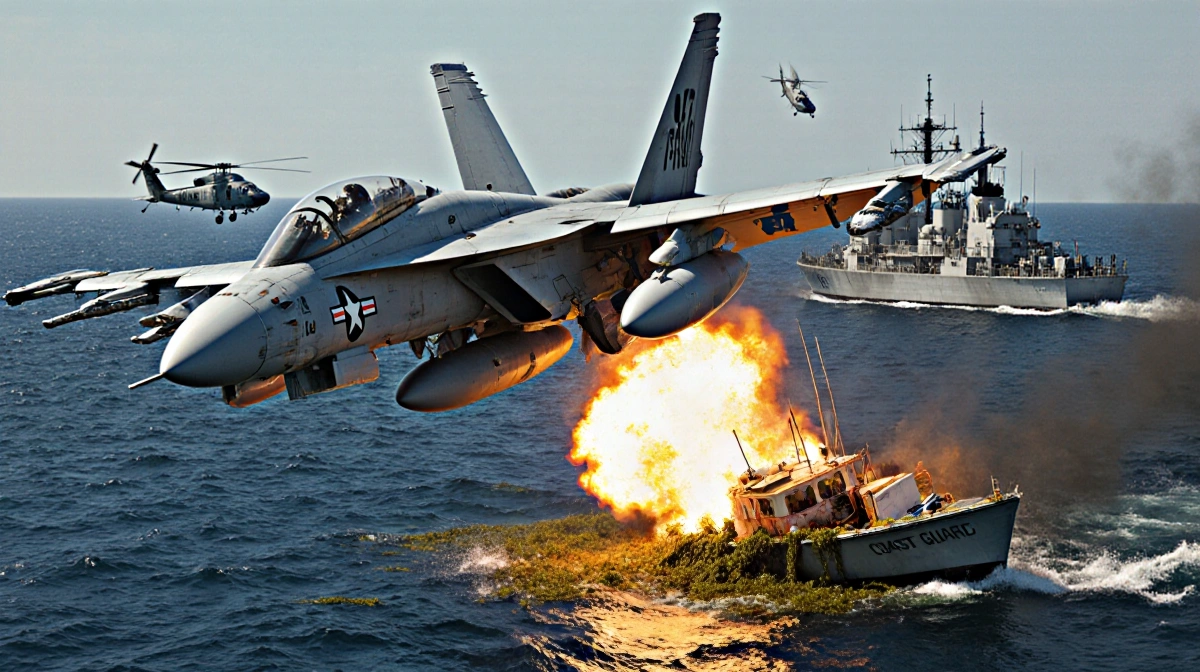 F/A-18 fighter jet swoops toward a boat with afterburners blazing and a fiery blast engulfing the wreck