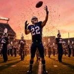 Navy marching band tossing a football with confetti at sunset on Liberty Bowl field and Cincinnati team silhouetted backgroun
