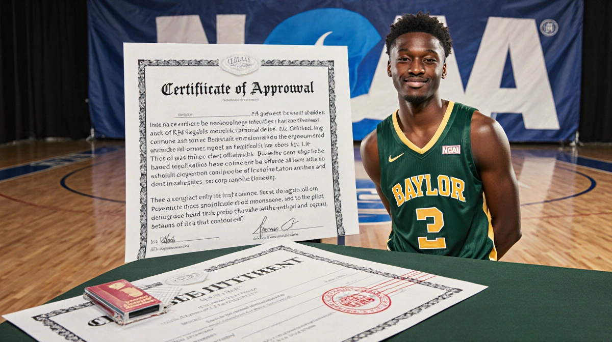 James Nnaji standing beside an NCAA eligibility certificate with a Baylor jersey and rulebooks on a desk basketball backdrop