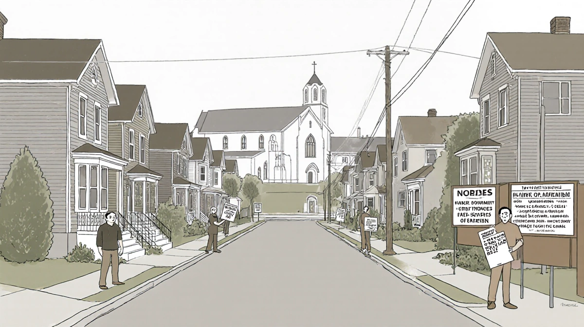 Worried homeowners stand on historic street with church expansion plans and protest signs showing concerns about property val